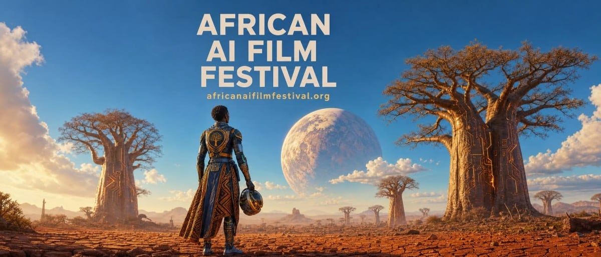 African AI Film Festival — a warrior stands before circuit-etched baobab trees under an alien sky